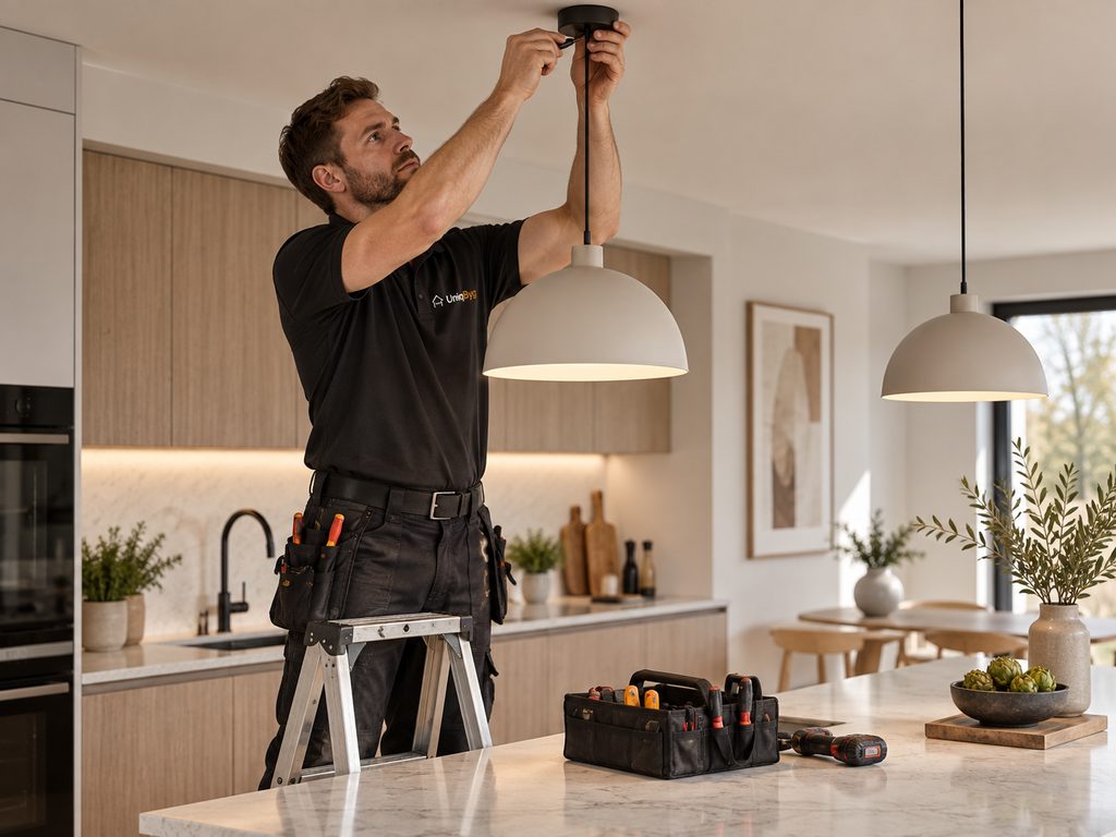 Elektriker monterer en pendel i loftet fra en trappestige i et køkken med værktøjskasse på bordpladen