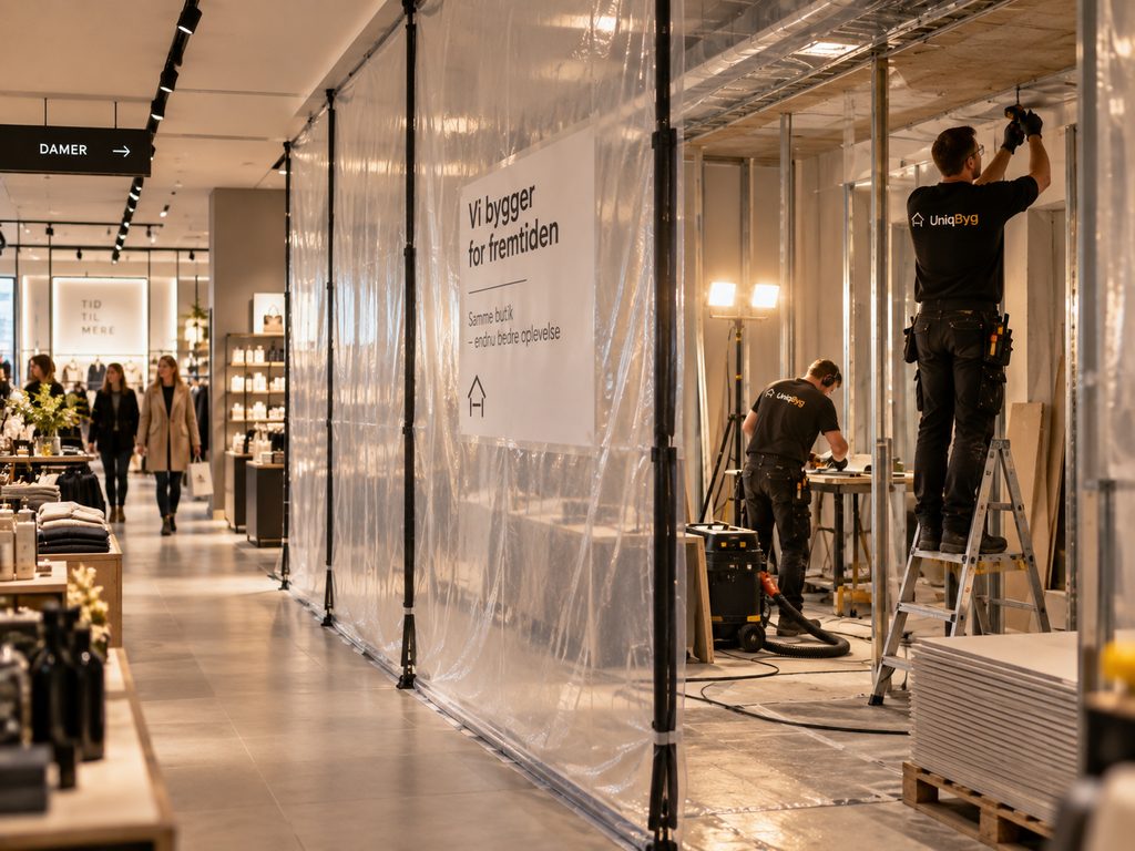 Butik med kunder, der handler i venstre side, og en gennemsigtig støvvæg på stativer i højre side, hvor to håndværkere arbejder bag afdækningen under byggelamper