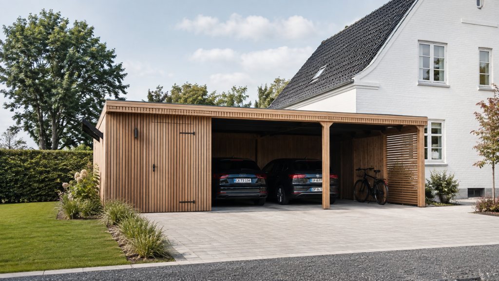 Dobbelt carport i lodret træbeklædning med aflåst redskabsrum i den ene ende, to biler under taget og et hvidt hus med sort tegltag bagved
