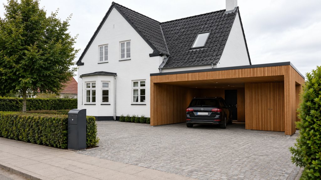 Hvidt hus med sort tegltag, hvor en carport i lodret træbeklædning er bygget sammen med huset ud over indkørslen