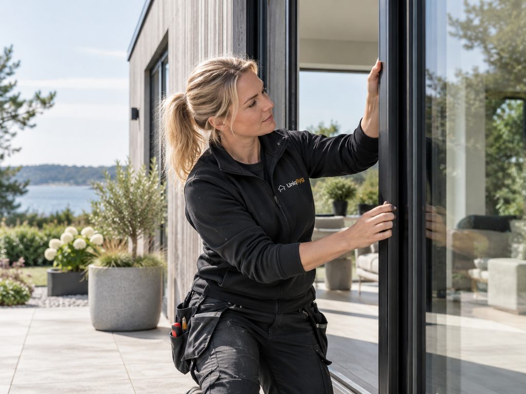 Håndværker kontrollerer en dørkarm med vaterpas ved et højt glasparti på ydersiden af et hus