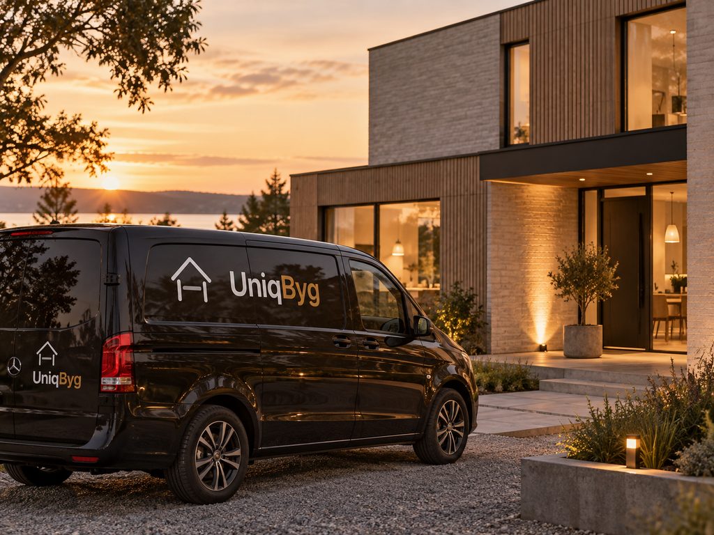 Mørk firmabil med UniqByg-logo holder på gruset foran en oplyst bygning med træbeklædt facade i solnedgang
