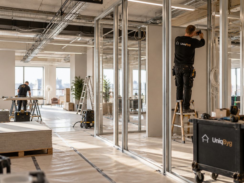 Kontoretage under ombygning med rejste stålprofiler til systemvægge og glaspartier, gipsplader på paller, gulvet dækket af plast og to håndværkere i gang under et åbent loft med kabelbakker