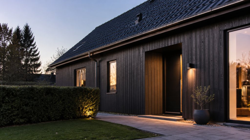 Mørkt træbeklædt hus i aftenlys med oplyste vinduer, sort tegltag og en bred port i træ