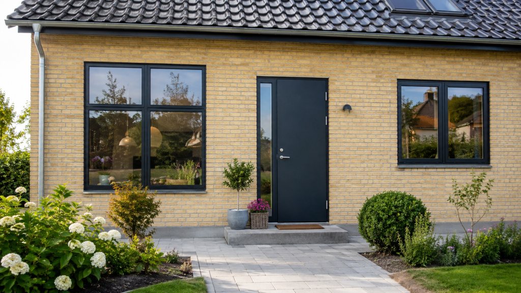 Gult murstenshus med et nyt sort vindue og en mørk hoveddør, med hæk og blomsterbed foran indgangen