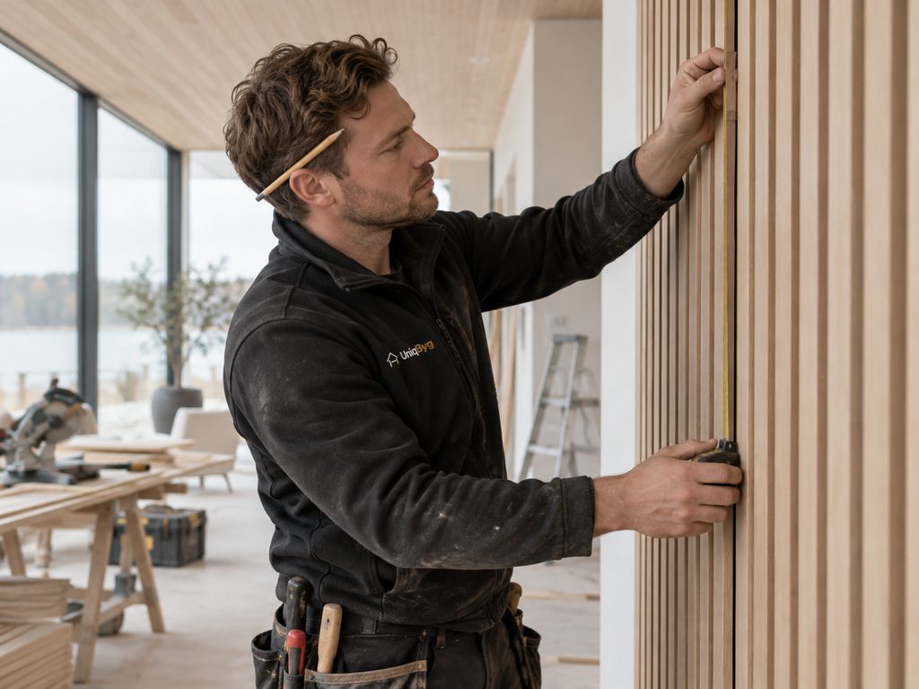 Håndværker måler en lodret panelvæg op med målebånd og blyant bag øret i et rum med gulv til loft-vinduer