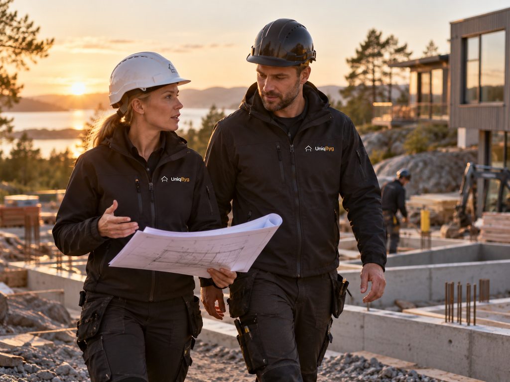 To personer med hjelme og byggetegninger går forbi et nystøbt fundament med armeringsjern, mens solen går ned bag klipperne