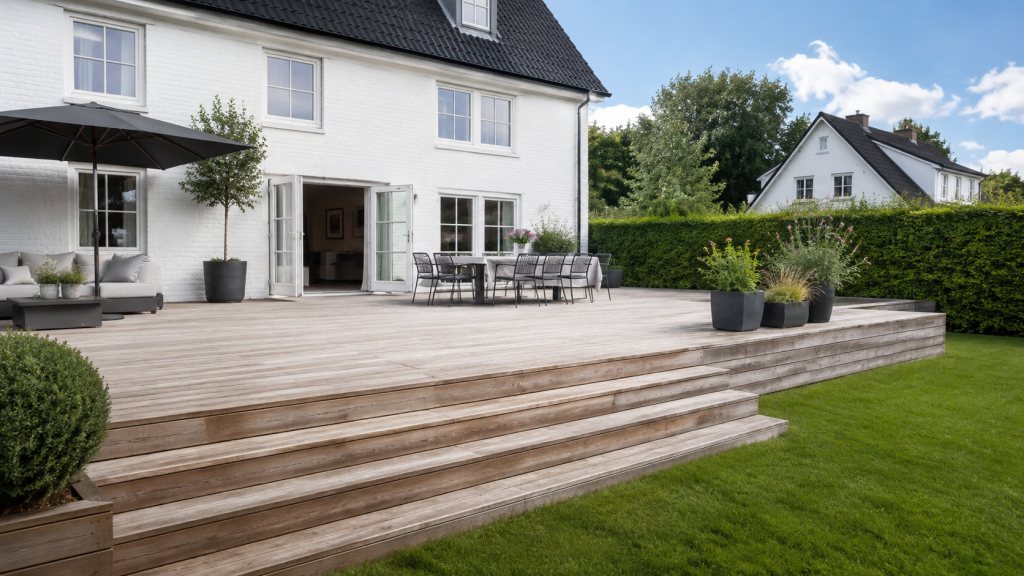 Stor lys træterrasse foran et hvidt hus, med brede trin i terrassens fulde bredde ned mod græsplænen og havemøbler ved husmuren