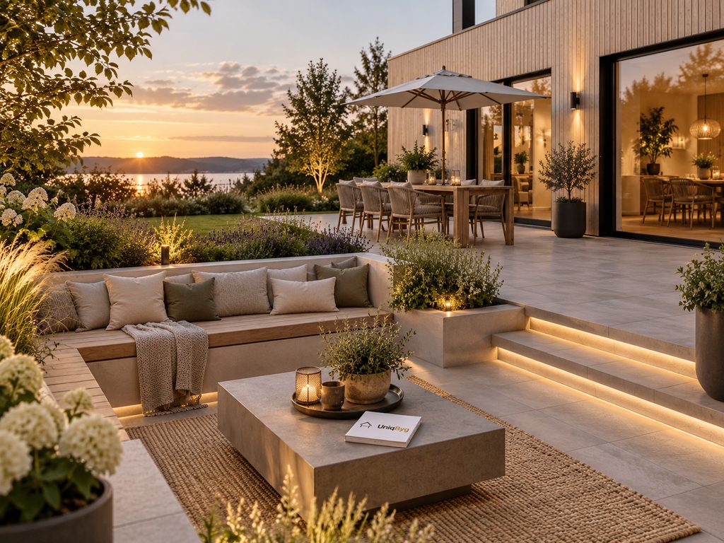 Terrasse i flere niveauer med indbygget loungemøblement, plantekasser og trinbelysning foran en oplyst tilbygning ved solnedgang