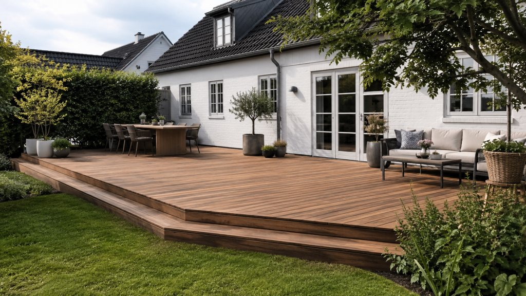 Hævet træterrasse i varmt træ langs et hvidt hus med franske døre, med spisebord og et enkelt trin ned til græsplænen