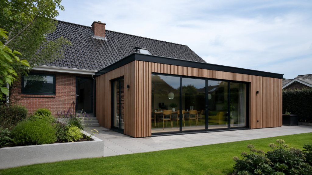 Rødt murstenshus med en lav tilbygning i lodret træbeklædning og gennemgående vinduesbånd, med flisebelagt terrasse foran