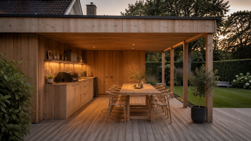 Overdækket udekøkken i træ set indefra i aftenlys, med bordplade, indbygget belysning i loftet og et langbord med stole